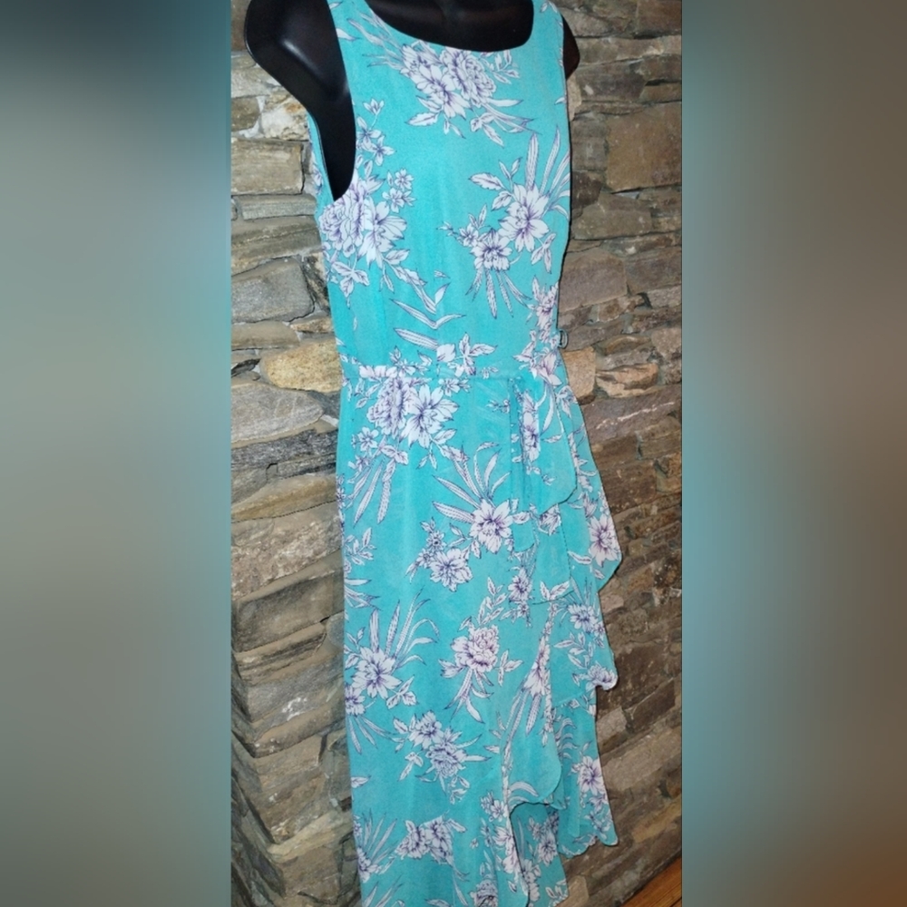 Sandra Darren turquoise dress ruffled faux wrap, floral, belted, size 10 - Picture 8 of 8